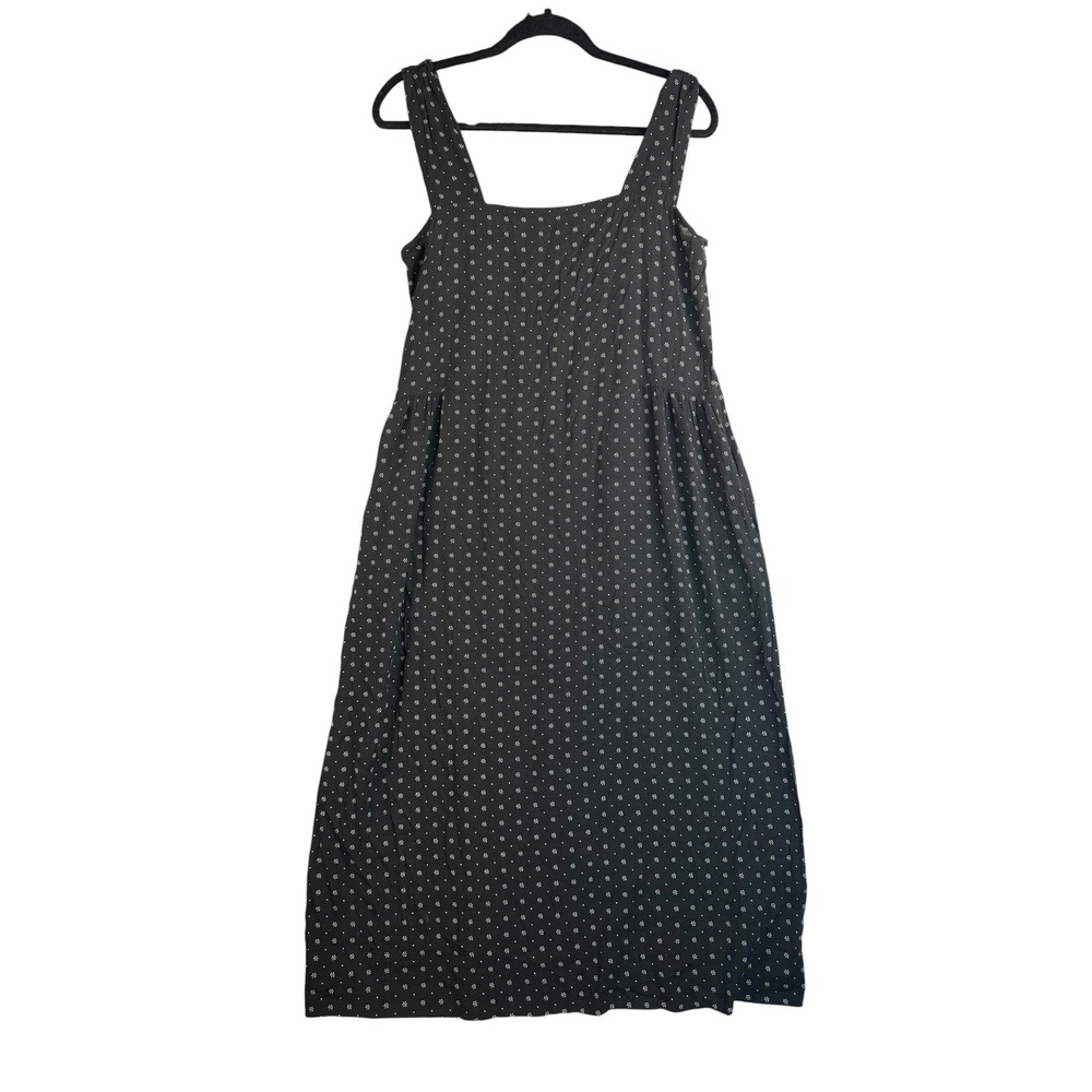 Hatch Black Floral Micro Print Square Neck Dropped Waist Midi Dress with Pockets